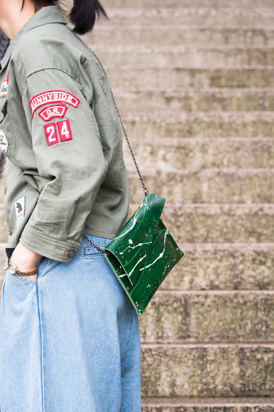 Genuine Leather Splatter Chain Shoulder Bag 