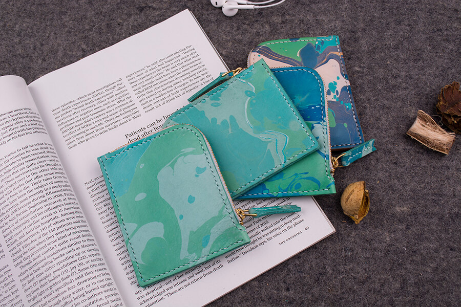 Genuine Leather Marble Short Zip Wallet 