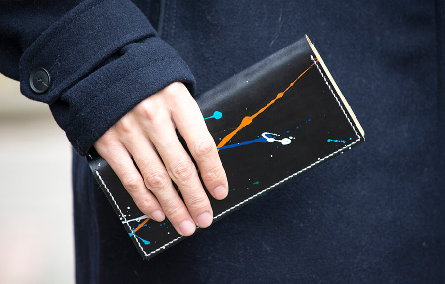 Genuine Leather Splatter Long Bifold Wallet 
