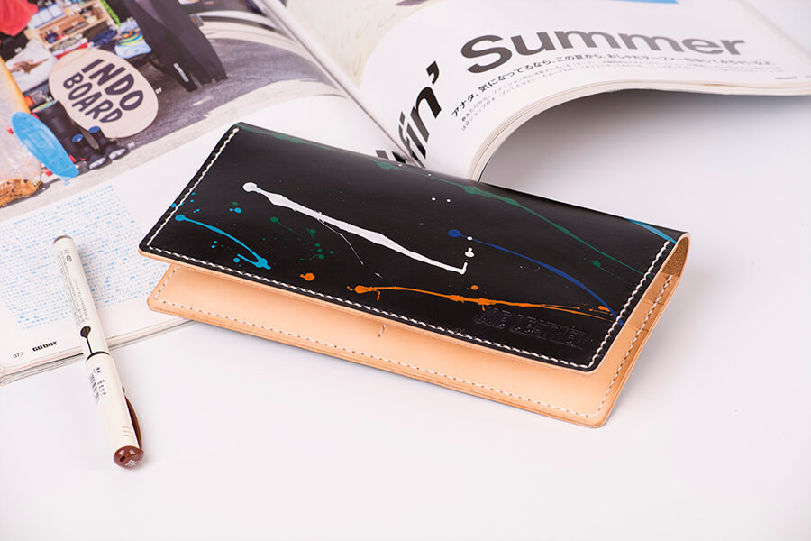 Genuine Leather Splatter Long Bifold Wallet 