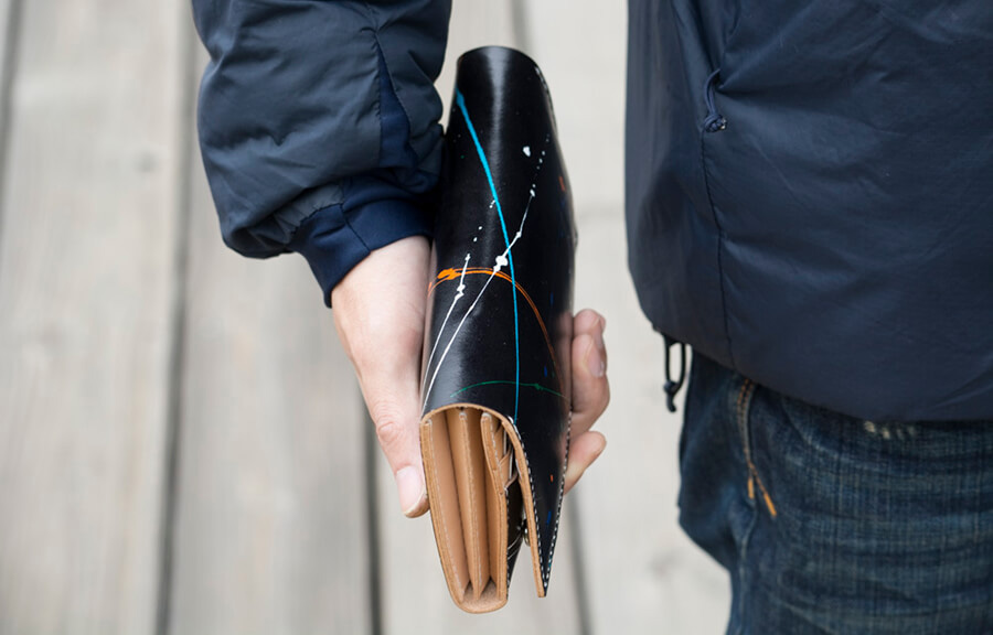 Genuine Leather Splatter Long Bifold Wallet 