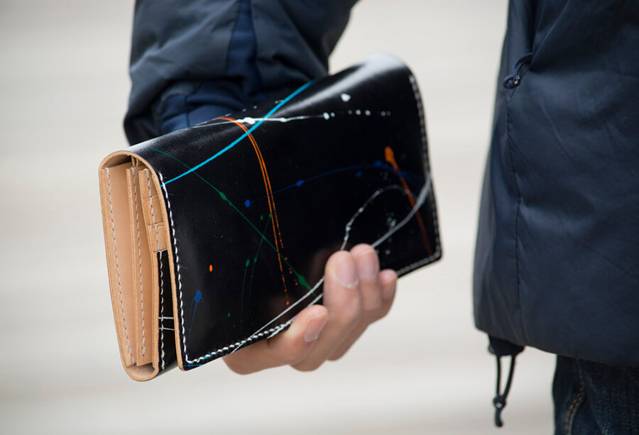 Genuine Leather Splatter Long Bifold Wallet 
